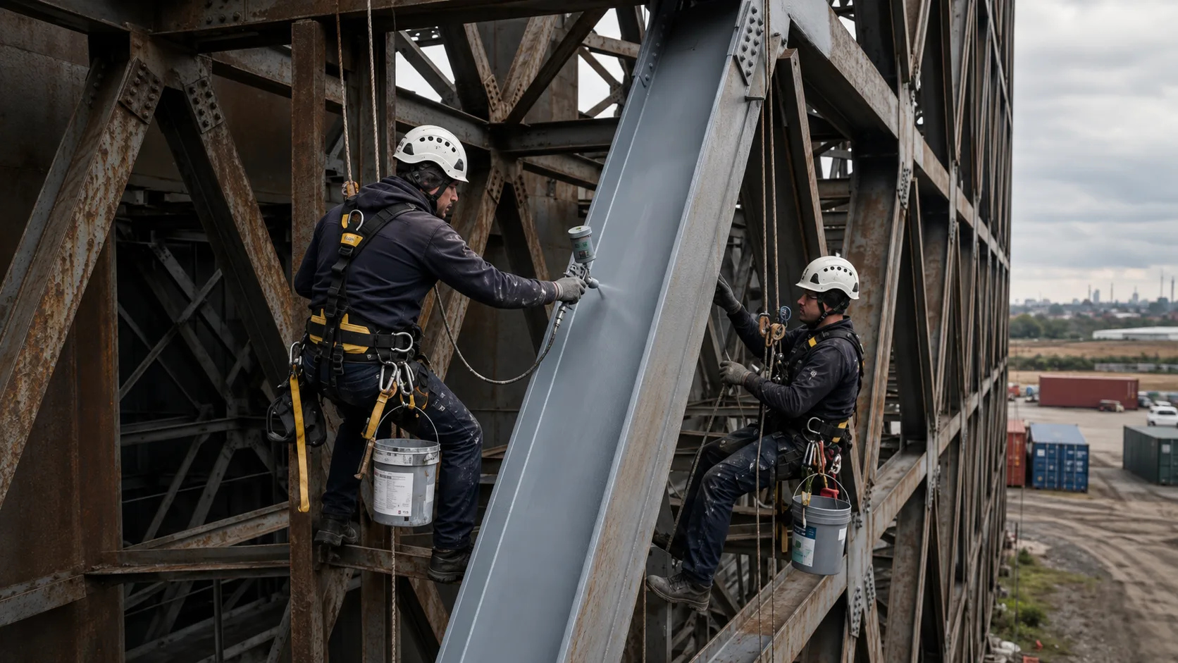 Rope-access technicians painting a metal structure